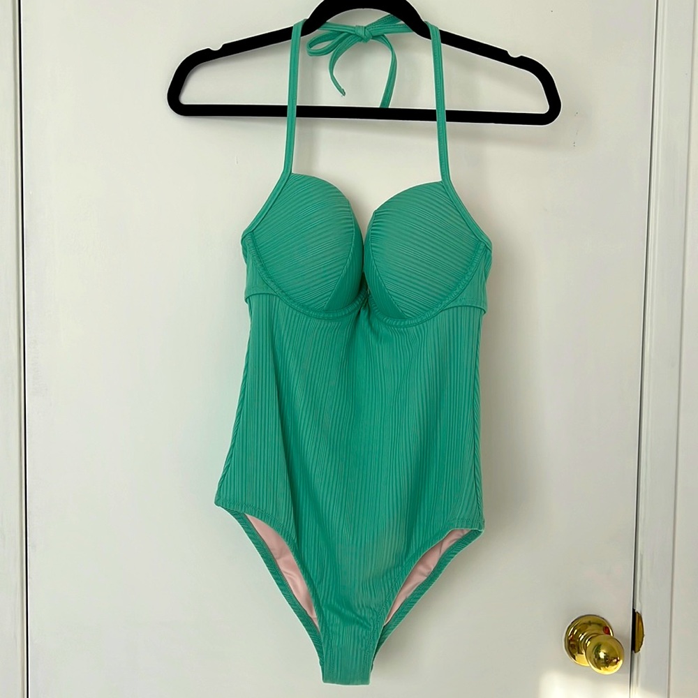 Shade & Shore necktie halter one piece mint swimsuit 34D